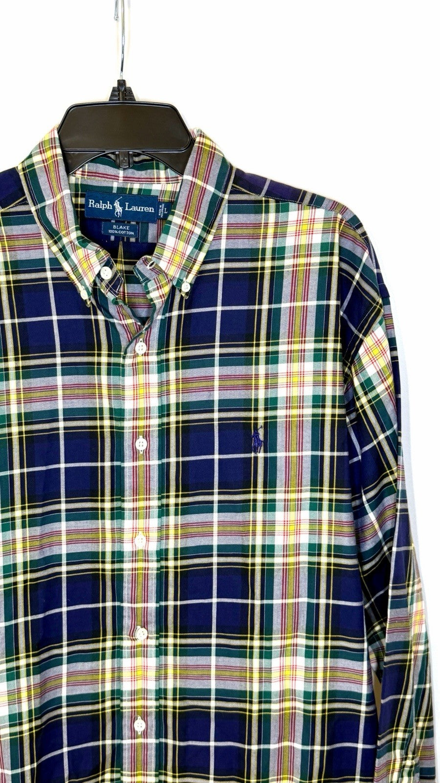 Ralph Lauren Large Blue Yellow Green Plaid Blake 100% Cotton Long Sleeve Shirt
