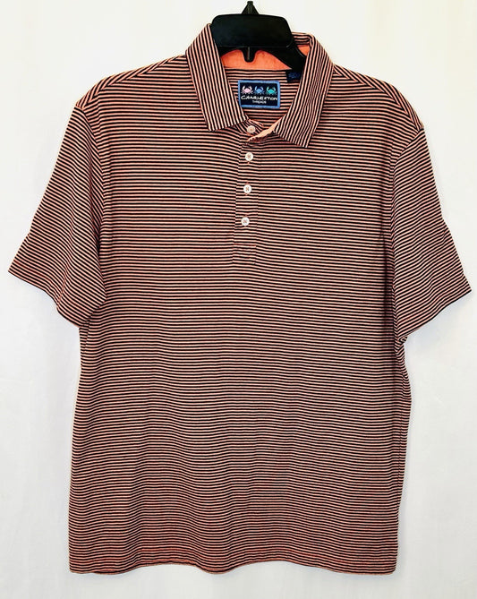 Charleston Threads Golf Polo Shirt-Men's Large- Navy & Orange Striped Activewear