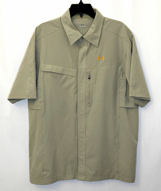 Under Armour Shirt Mens Large Tan HeatGear Short Sleeve Button Down Outdoors