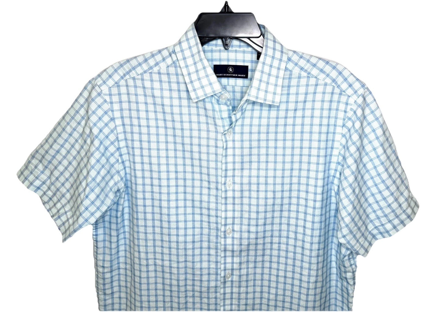 HART SCHAFFNER MARX Shirt size M white blue plaid Button up short sleeve