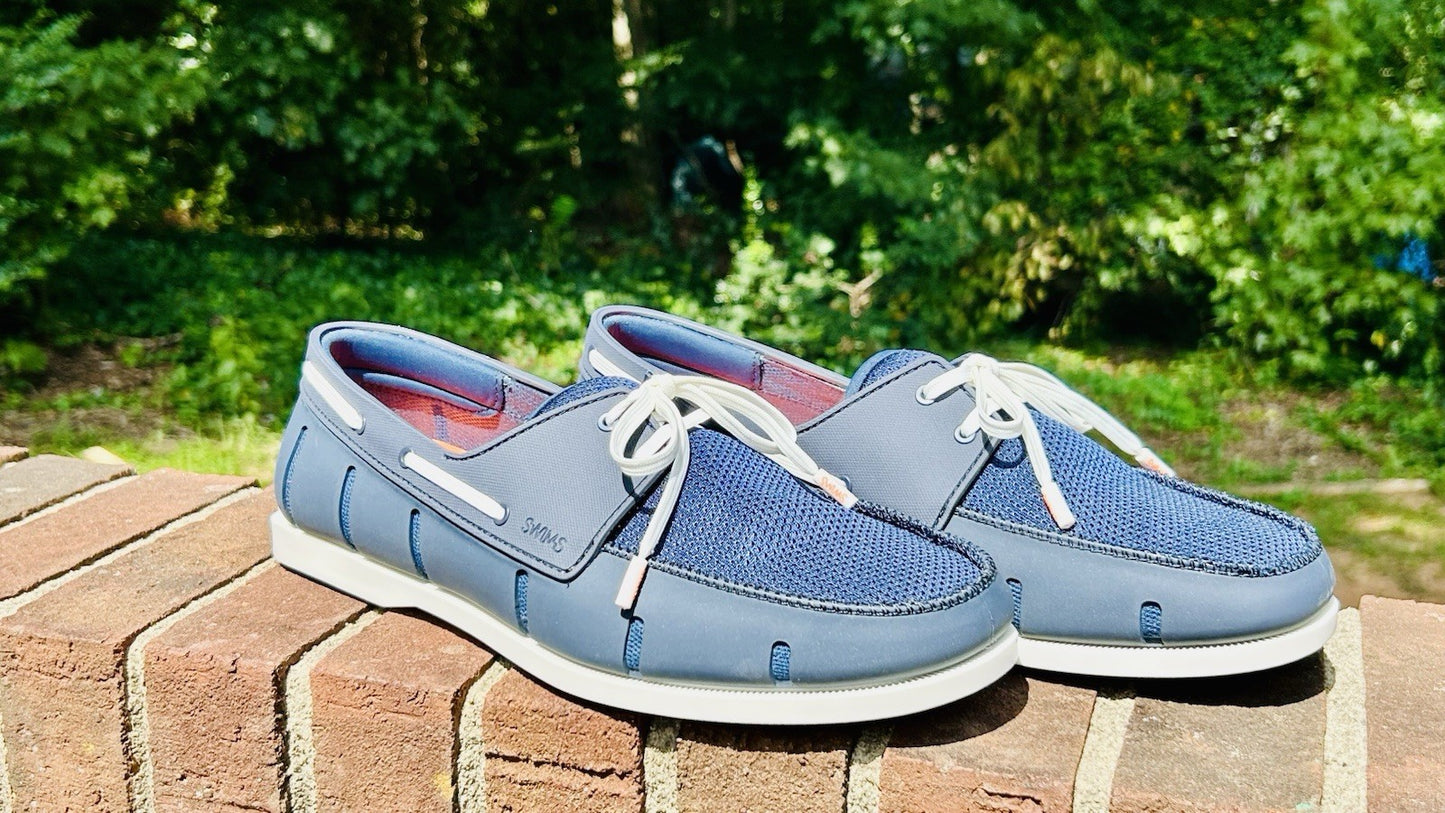 NWOT SWIMS Men's Size 12 Boat Loafers Laced Waterproof Washable Shoes Blue/White