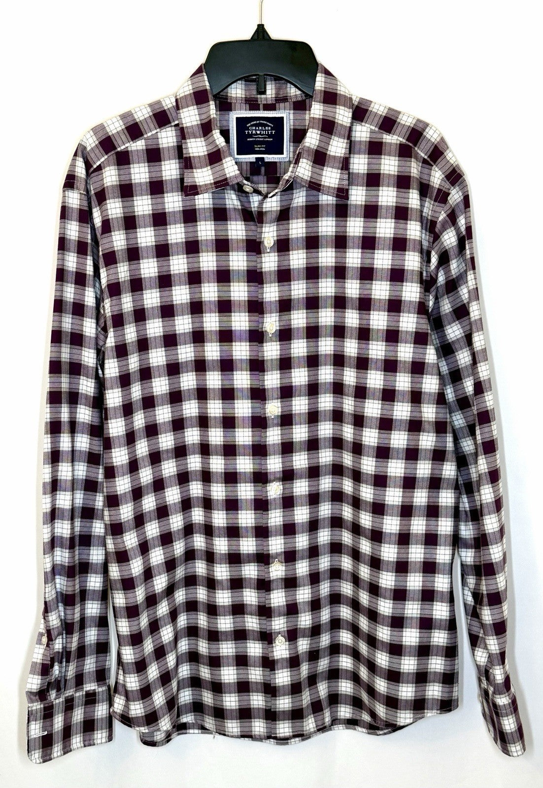 Charles Tyrwhitt Button Up Shirt Mens Large Slim Fit Burgundy Gray White Plaid