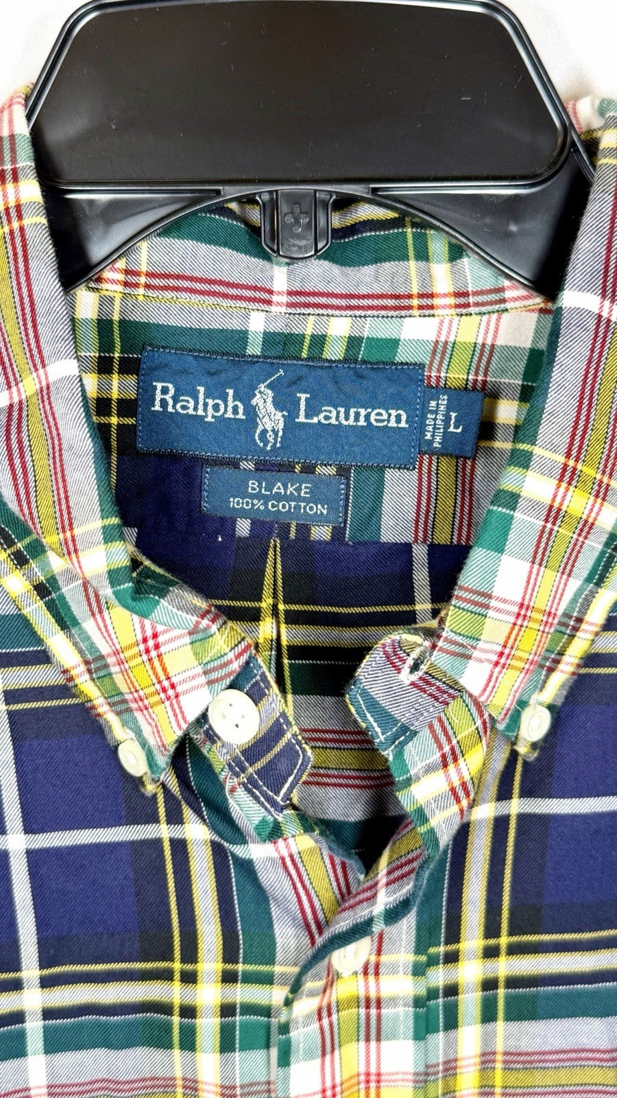 Ralph Lauren Large Blue Yellow Green Plaid Blake 100% Cotton Long Sleeve Shirt