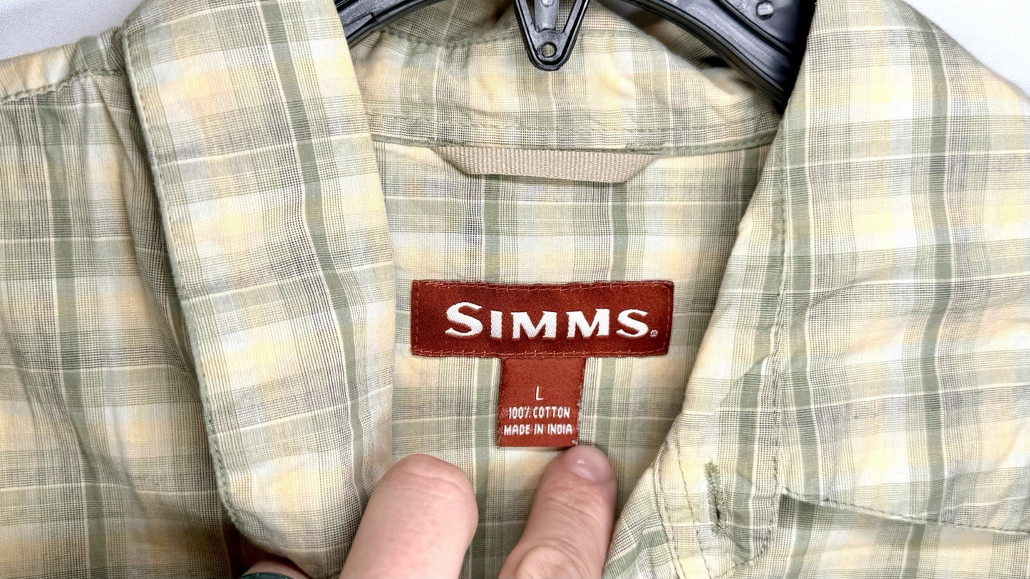 Simms Mens Shirt Size Large Fishing Outdoor  Button Front Plaid Green Cotton