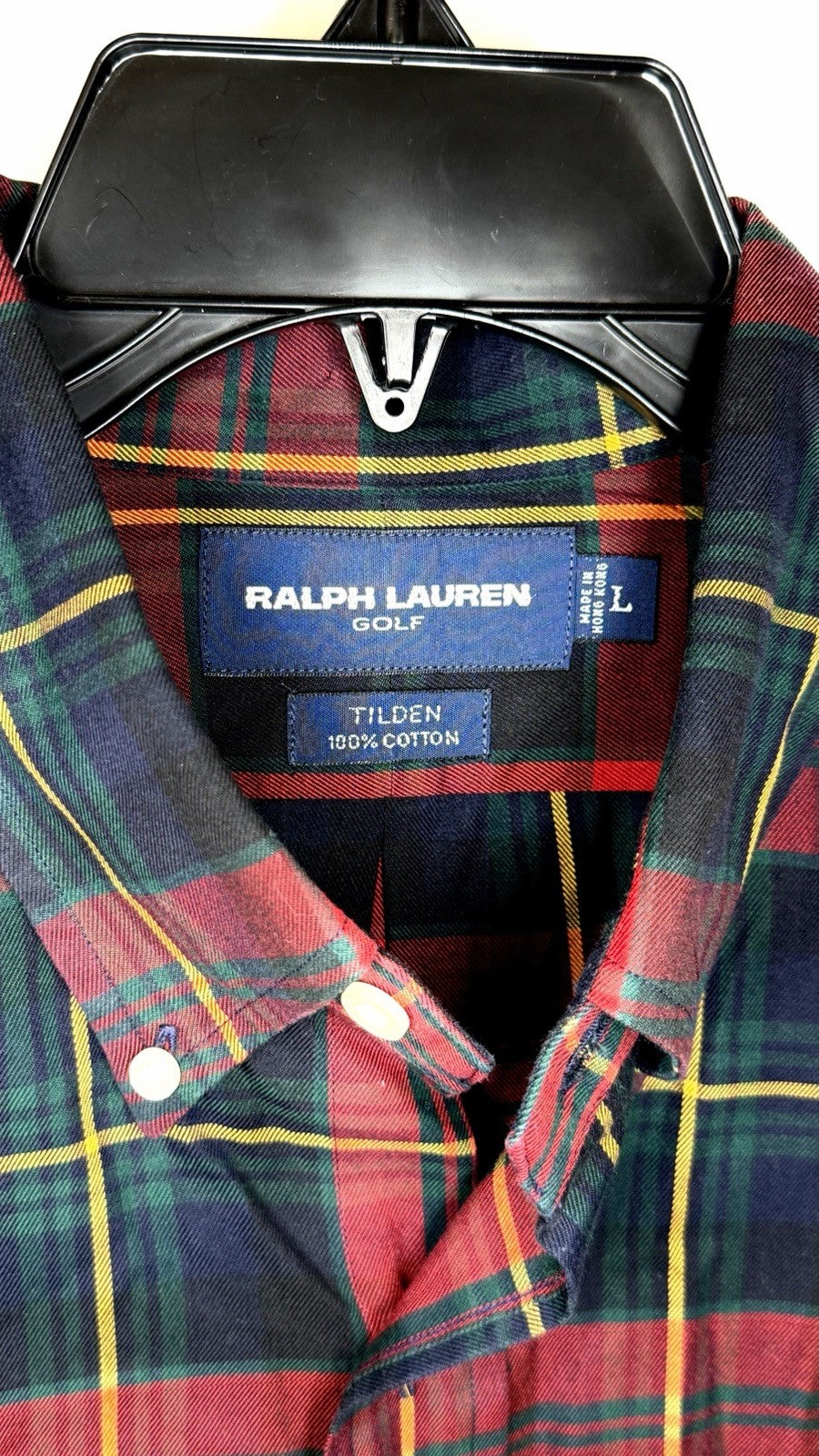 Ralph Lauren Golf Tilden Button Down Large Red Tartan Plaid Crest Vintage 90’s