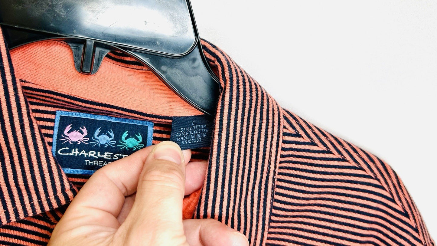 Charleston Threads Golf Polo Shirt-Men's Large- Navy & Orange Striped Activewear