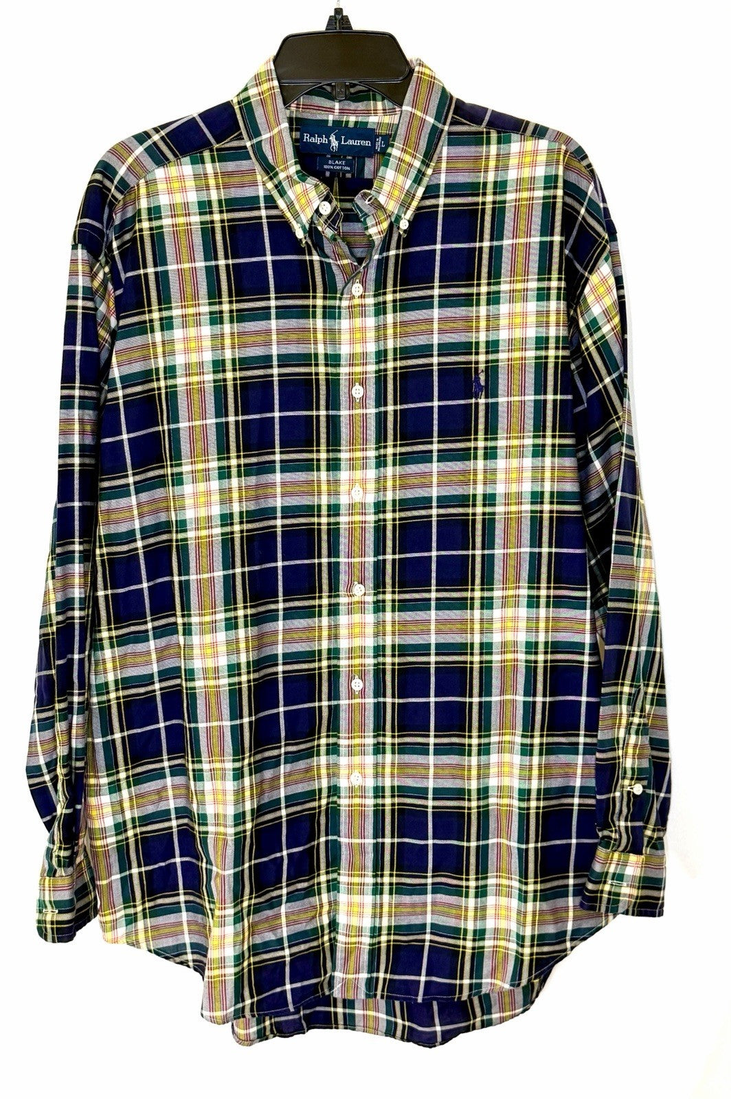Ralph Lauren Large Blue Yellow Green Plaid Blake 100% Cotton Long Sleeve Shirt