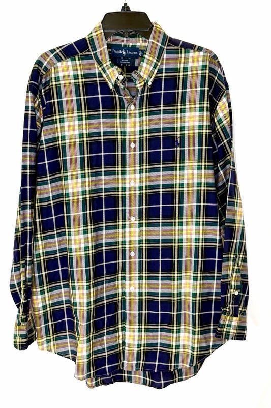 Ralph Lauren Large Blue Yellow Green Plaid Blake 100% Cotton Long Sleeve Shirt