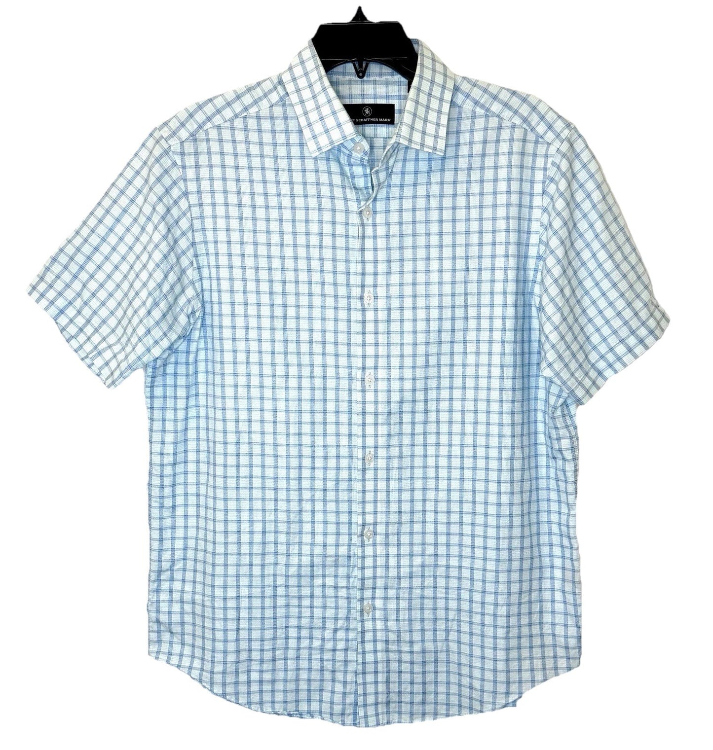 HART SCHAFFNER MARX Shirt size M white blue plaid Button up short sleeve