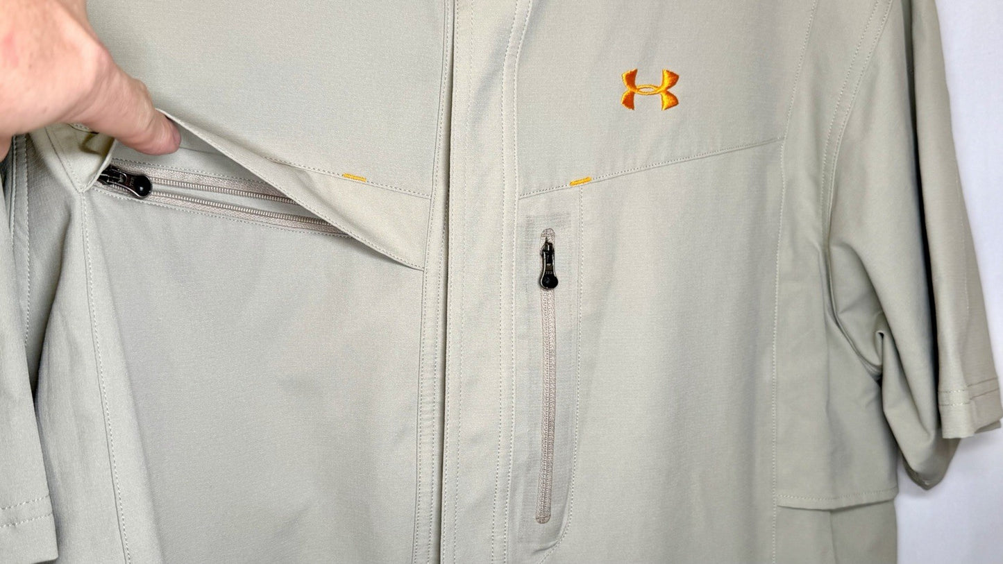 Under Armour Shirt Mens Large Tan HeatGear Short Sleeve Button Down Outdoors