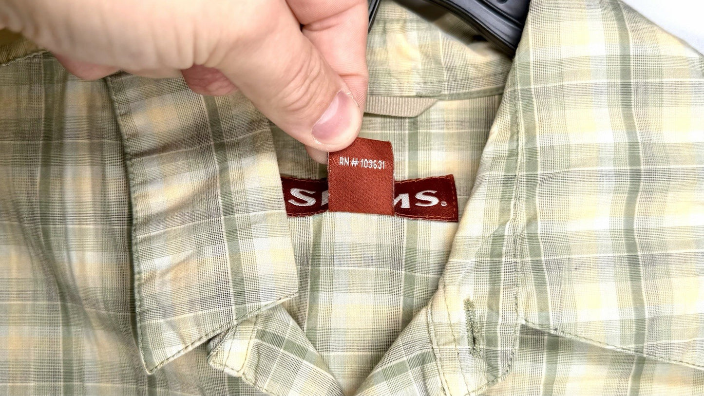 Simms Mens Shirt Size Large Fishing Outdoor  Button Front Plaid Green Cotton