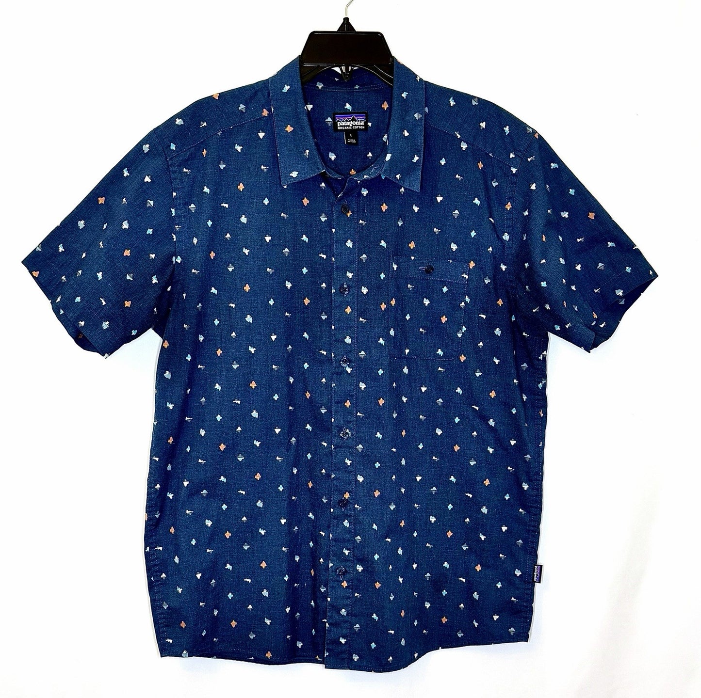 Patagonia Organic Cotton Button Up Mens Large Blue Short Sleeve Hardware Print