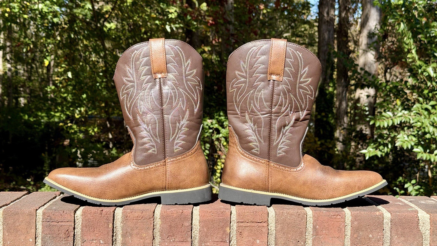 Mens Retro Western Cowboy Boots Embroidered Square Toe Mid Calf Boots Sz 45 / 11
