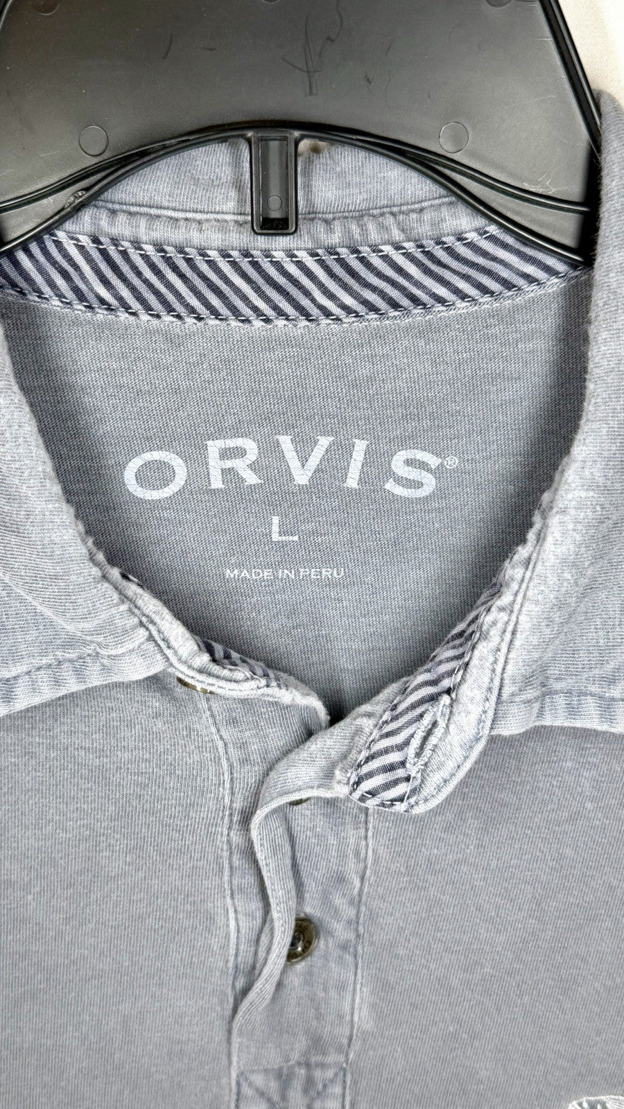 Orvis Vintage Mens Large Polo Shirt Grey Short Sleeve 100% heavy cotton
