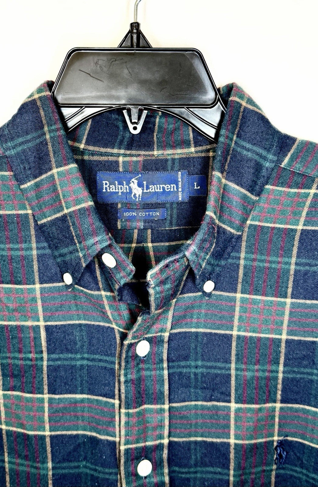 Polo Ralph Lauren Long Sleeve Shirt Large Green Plaid Classic Fit Twill Pony