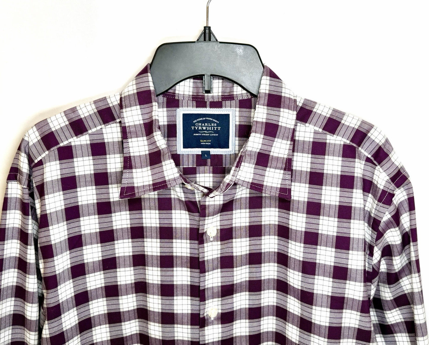Charles Tyrwhitt Button Up Shirt Mens Large Slim Fit Burgundy Gray White Plaid