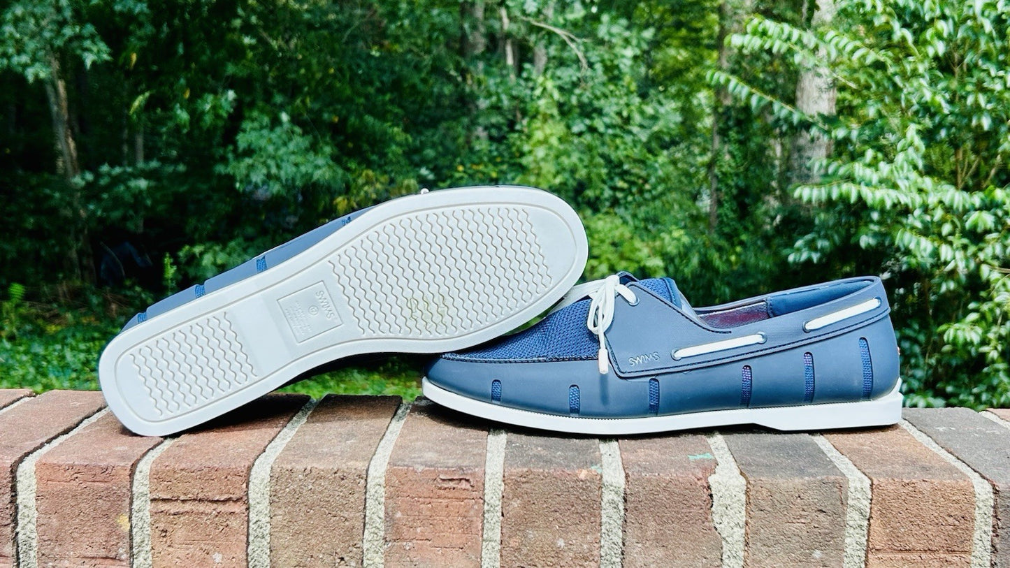 NWOT SWIMS Men's Size 12 Boat Loafers Laced Waterproof Washable Shoes Blue/White