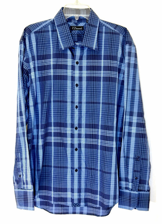 7 Diamonds Shirt Mens XL Blue Plaid Print Well Sewn Button Up Long Sleeve