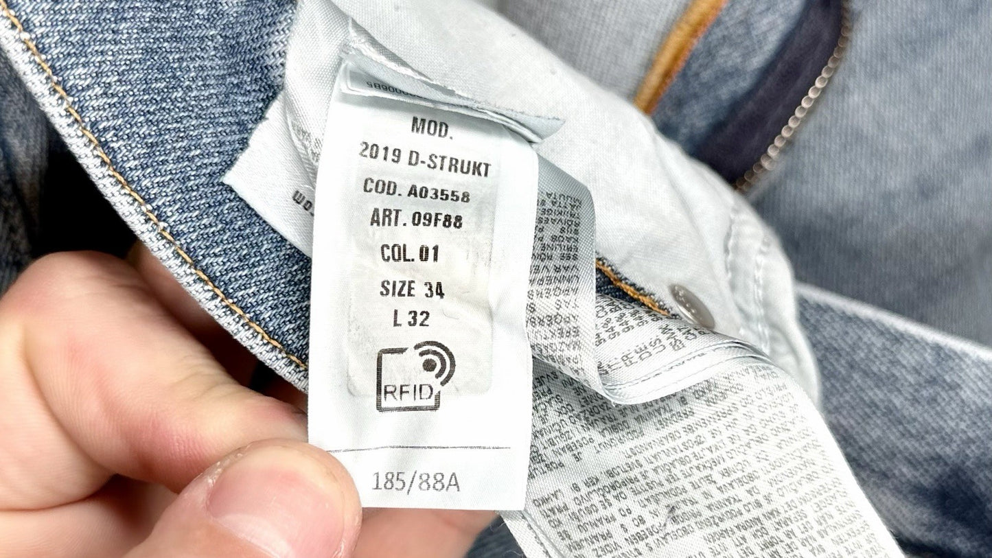 Diesel Jeans Distressed 2019 D-Strukt Mens 34x32 Slim Blue Cotton Blend Denim