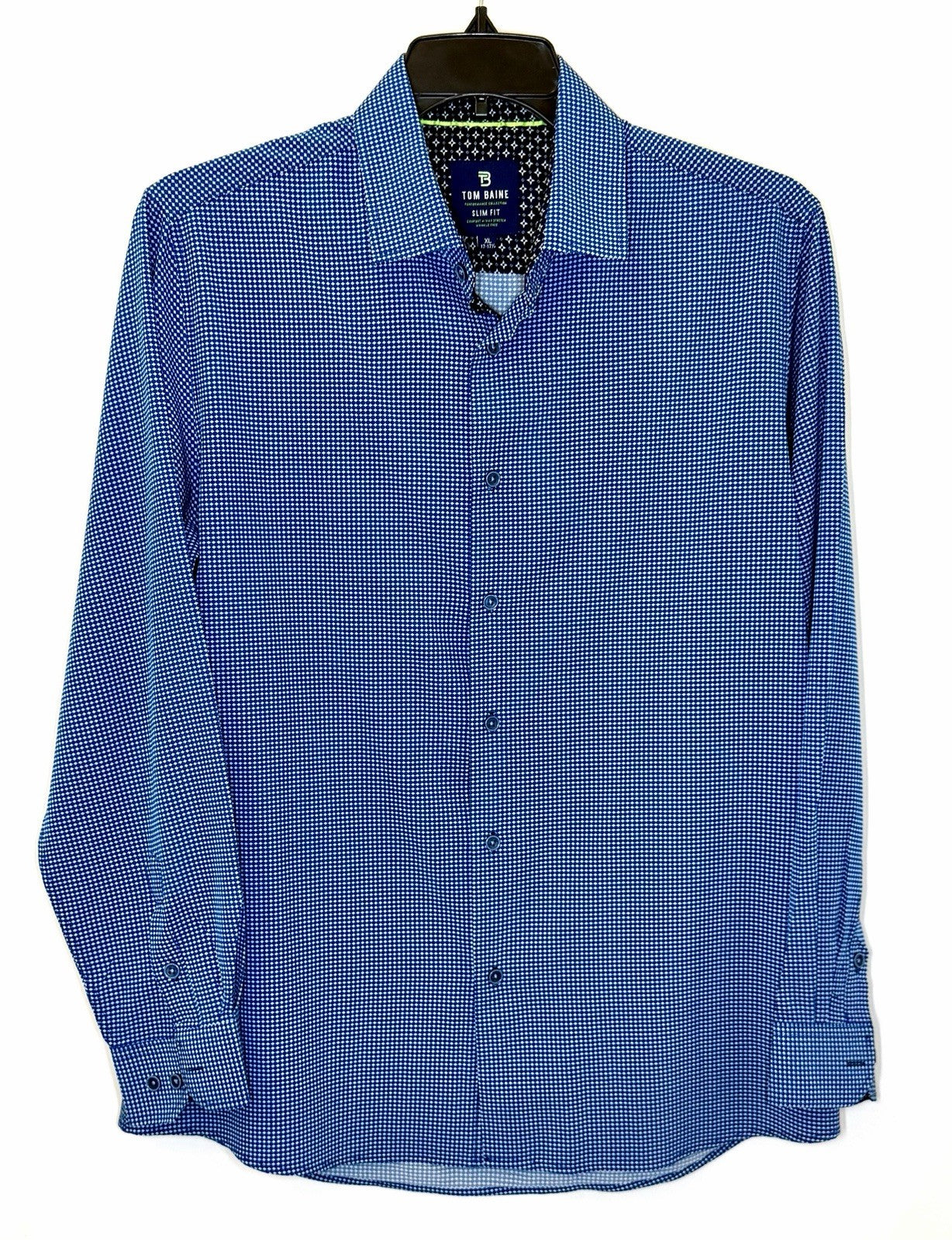 Tom Baine Men's Slim Fit Performance Long Sleeve Mini Plaid Shirt Navy Size XL