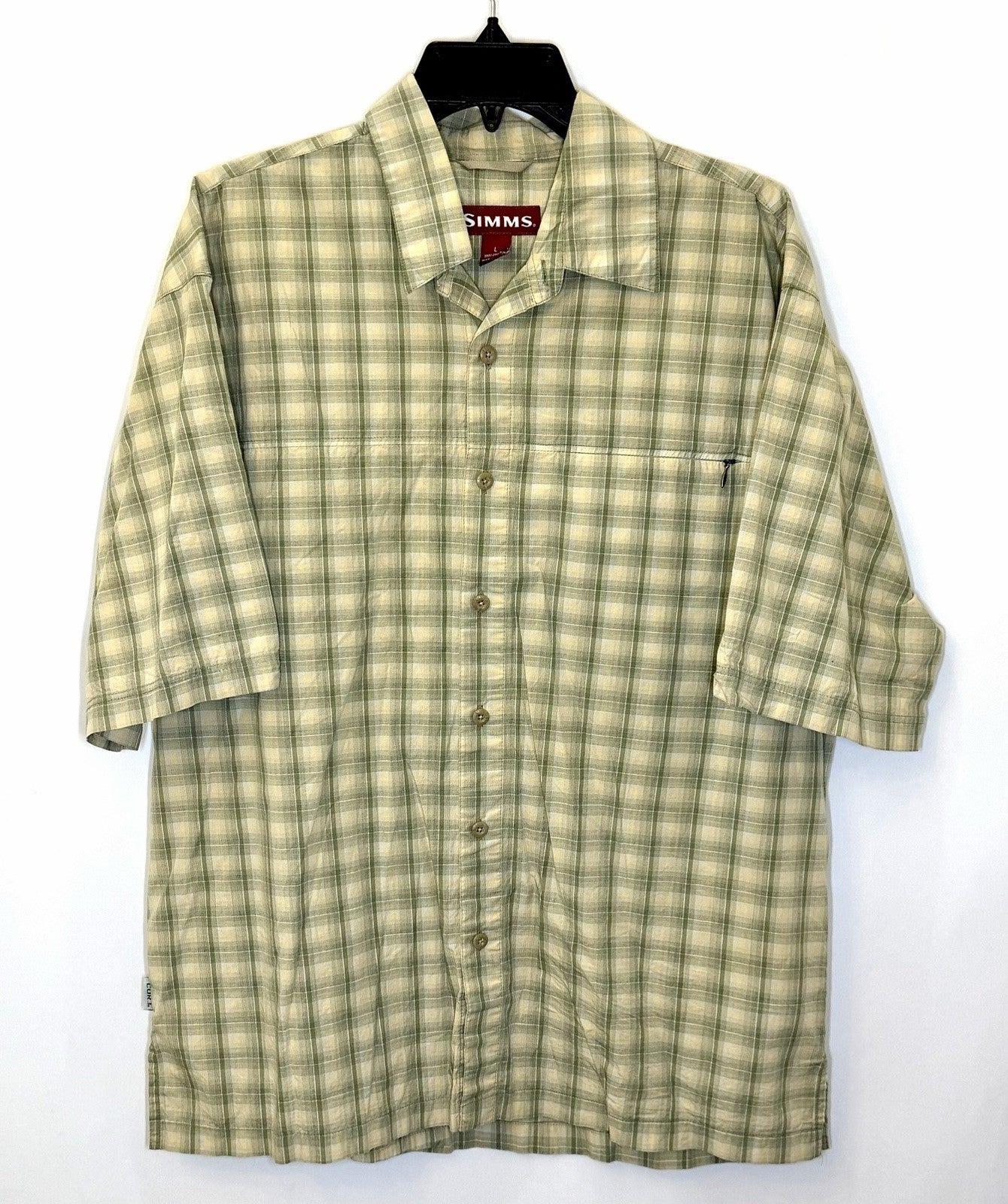 Simms Mens Shirt Size Large Fishing Outdoor  Button Front Plaid Green Cotton