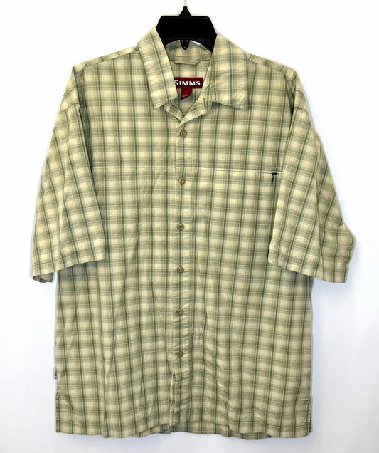 Simms Mens Shirt Size Large Fishing Outdoor  Button Front Plaid Green Cotton