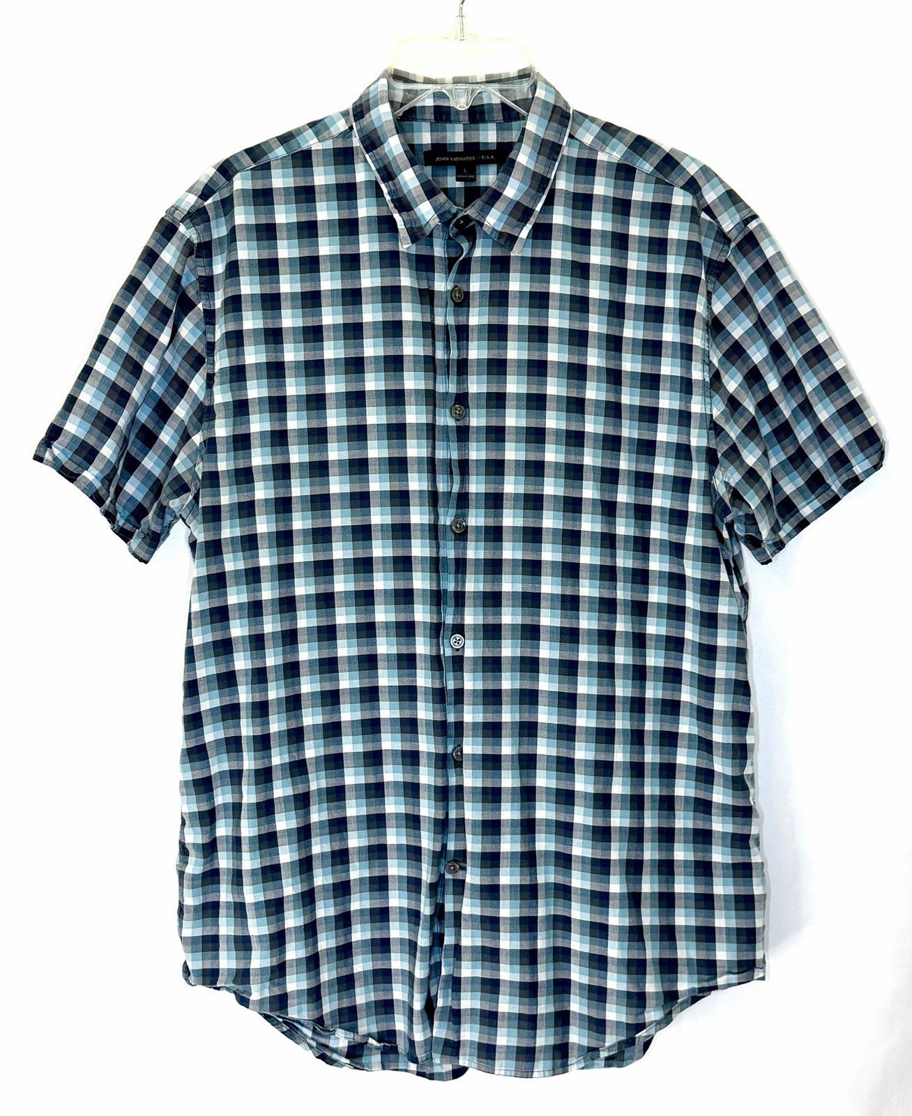 John Varvatos USA Mens Size Large Blue Check Short Sleeve Button Up Shirt