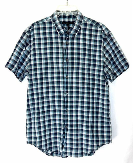 John Varvatos USA Mens Size Large Blue Check Short Sleeve Button Up Shirt