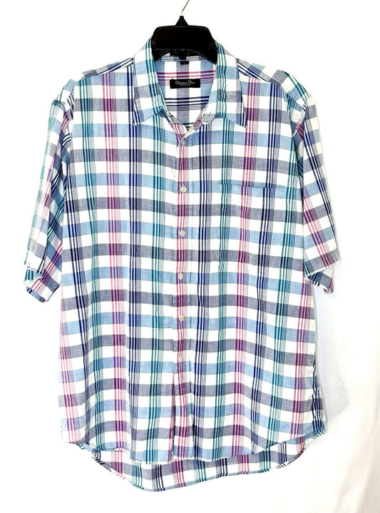 Vintage Christian Dior Check Green/Pink Plaid Short Sleeve Shirt Size Large
