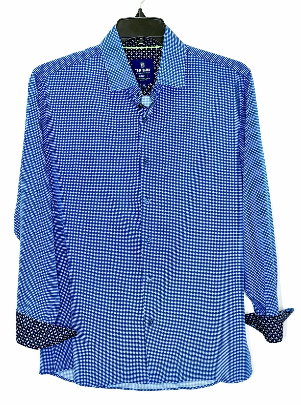Tom Baine Men's Slim Fit Performance Long Sleeve Mini Plaid Shirt Navy Size XL