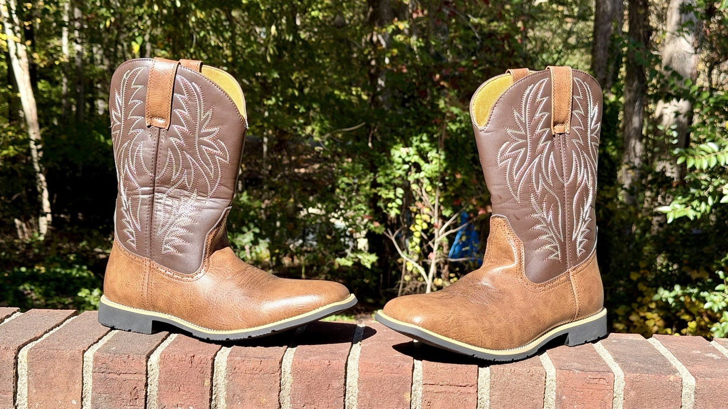 Mens Retro Western Cowboy Boots Embroidered Square Toe Mid Calf Boots Sz 45 / 11