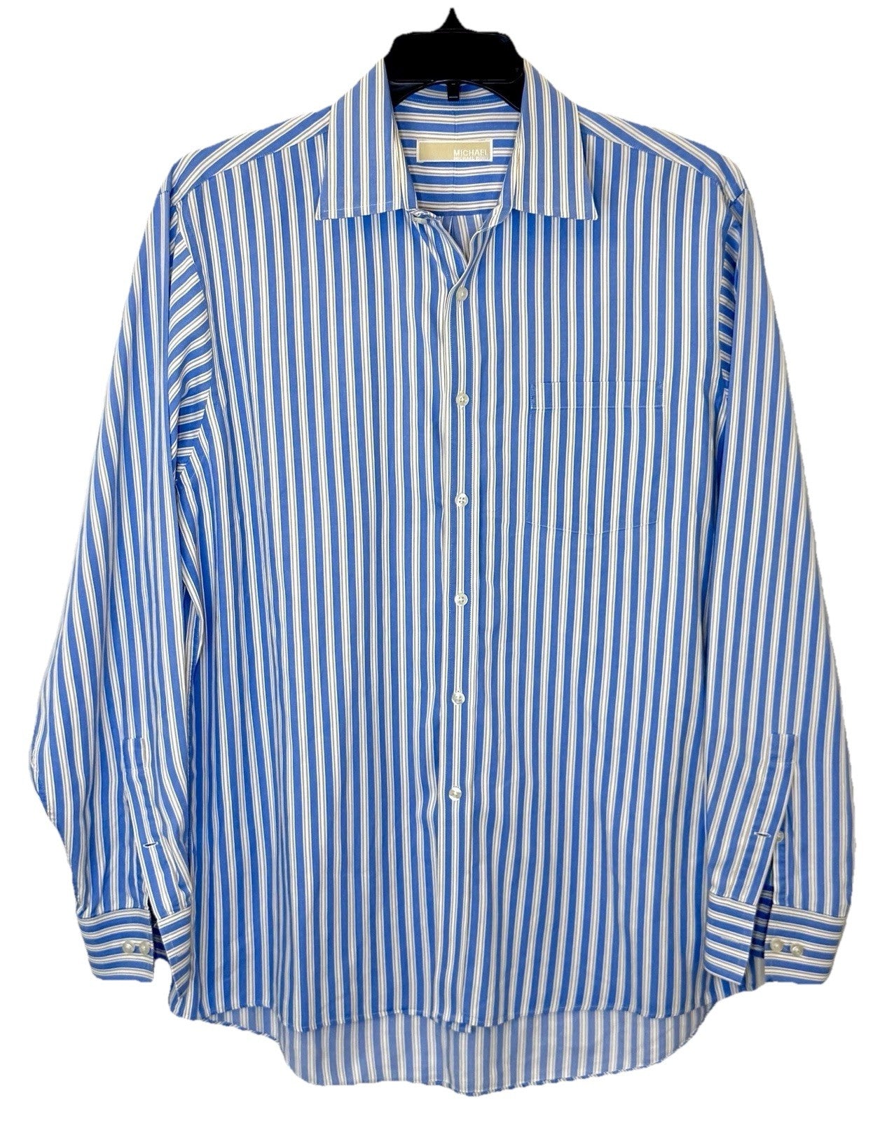 MICHAEL KORS Mens Button-Up Dress Shirt Large 16.5 34/35White Blue Stripe Cotton