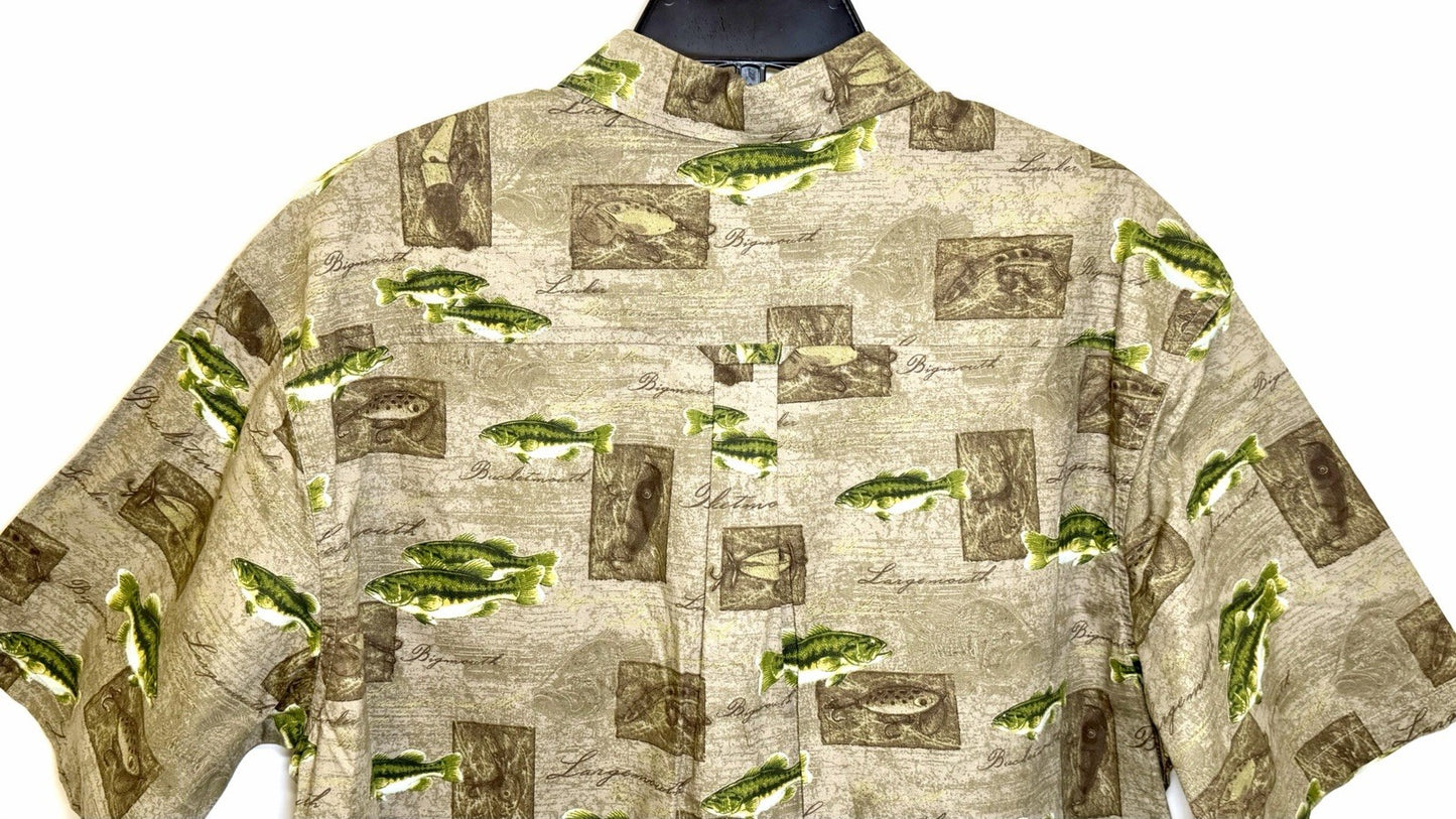 Columbia River Lodge Trout Fish Fishing Green Shirt Mens Large EUC