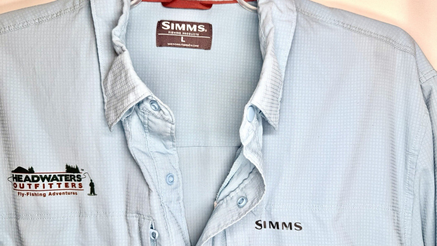 Simms Headwaters Double Haul Fishing Shirt Mens Size Large Light Blue Breathable