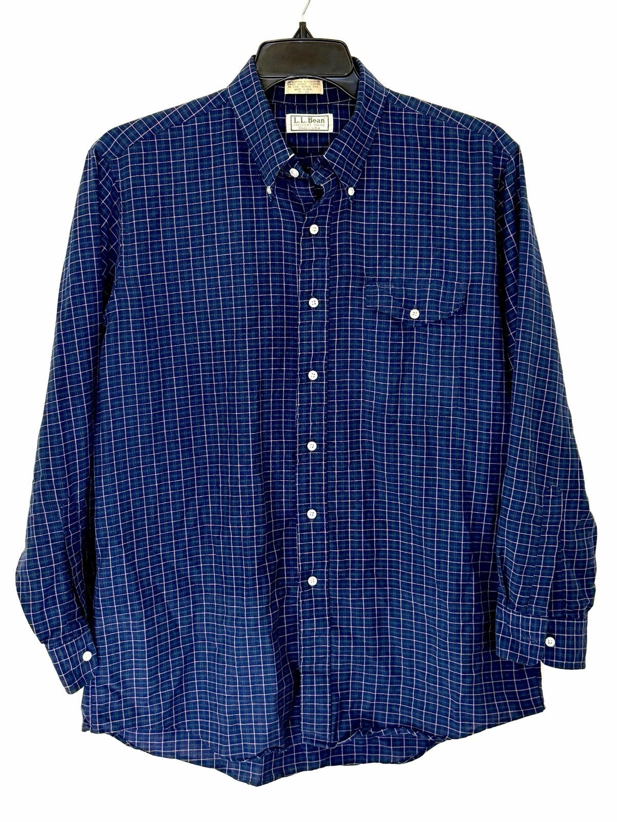 Vintage LL Bean Green and Navy Plaid Button Down Shirt Made in USA Men Sz 17-34