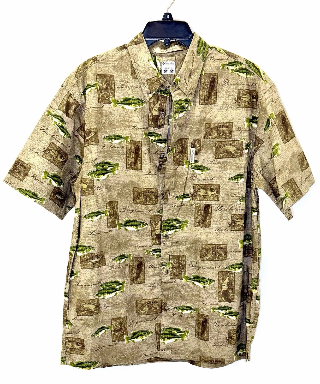 Columbia River Lodge Trout Fish Fishing Green Shirt Mens Large EUC