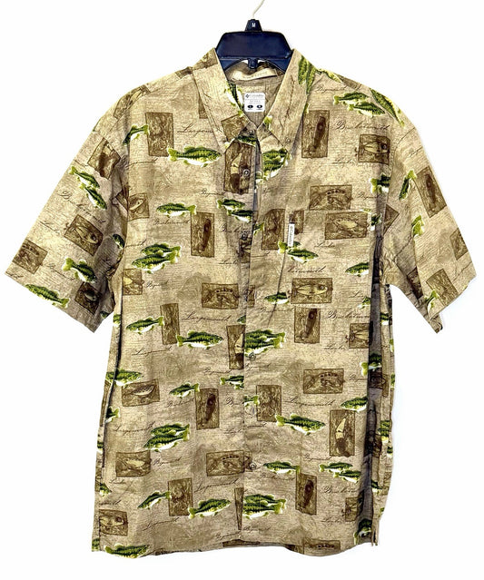 Columbia River Lodge Trout Fish Fishing Green Shirt Mens Large EUC