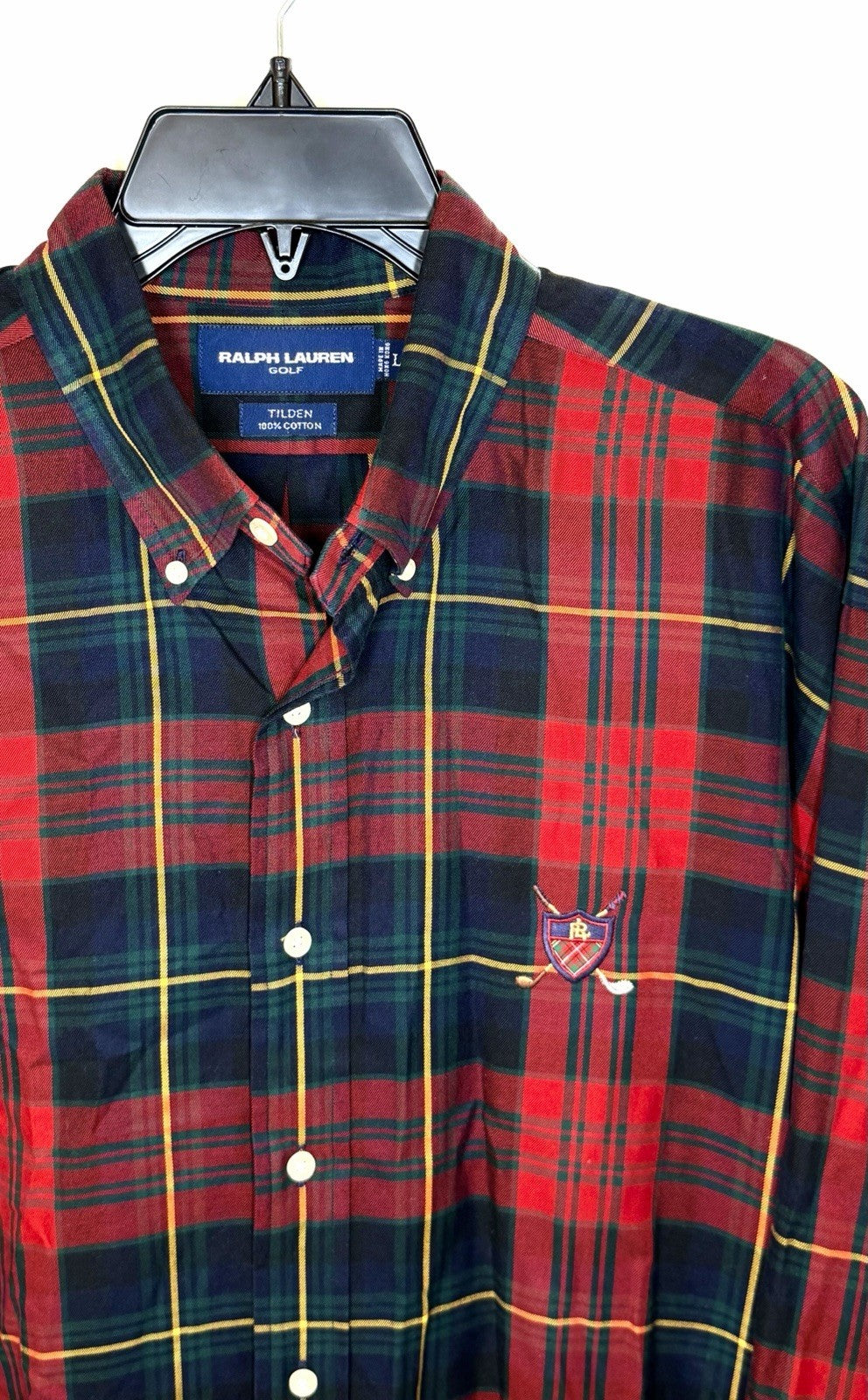 Ralph Lauren Golf Tilden Button Down Large Red Tartan Plaid Crest Vintage 90’s